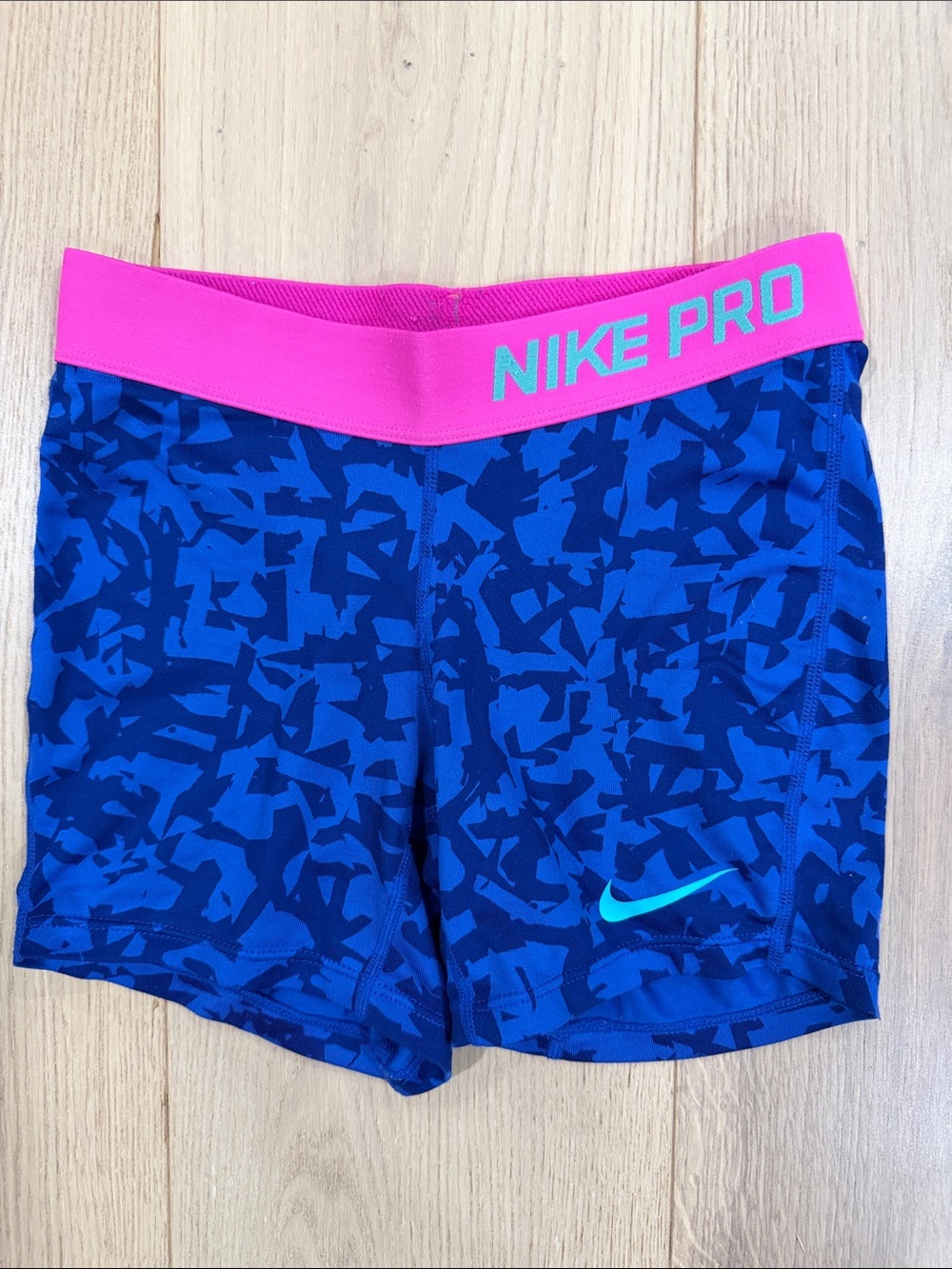 Nike Girls' Blue Camo Leggings with Pink Waistband